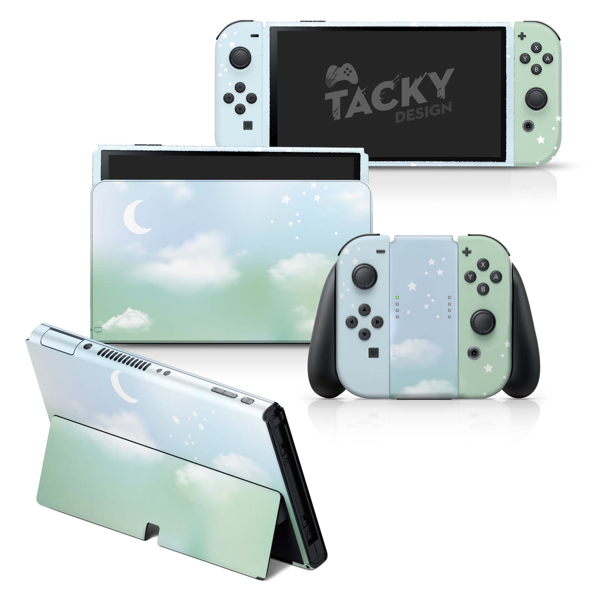 TACKY DESIGN Clouds Nintendo Switch OLED Skin Wrap | Moon Green Pastel 3M Vinyl Full Cover - Tackydesign