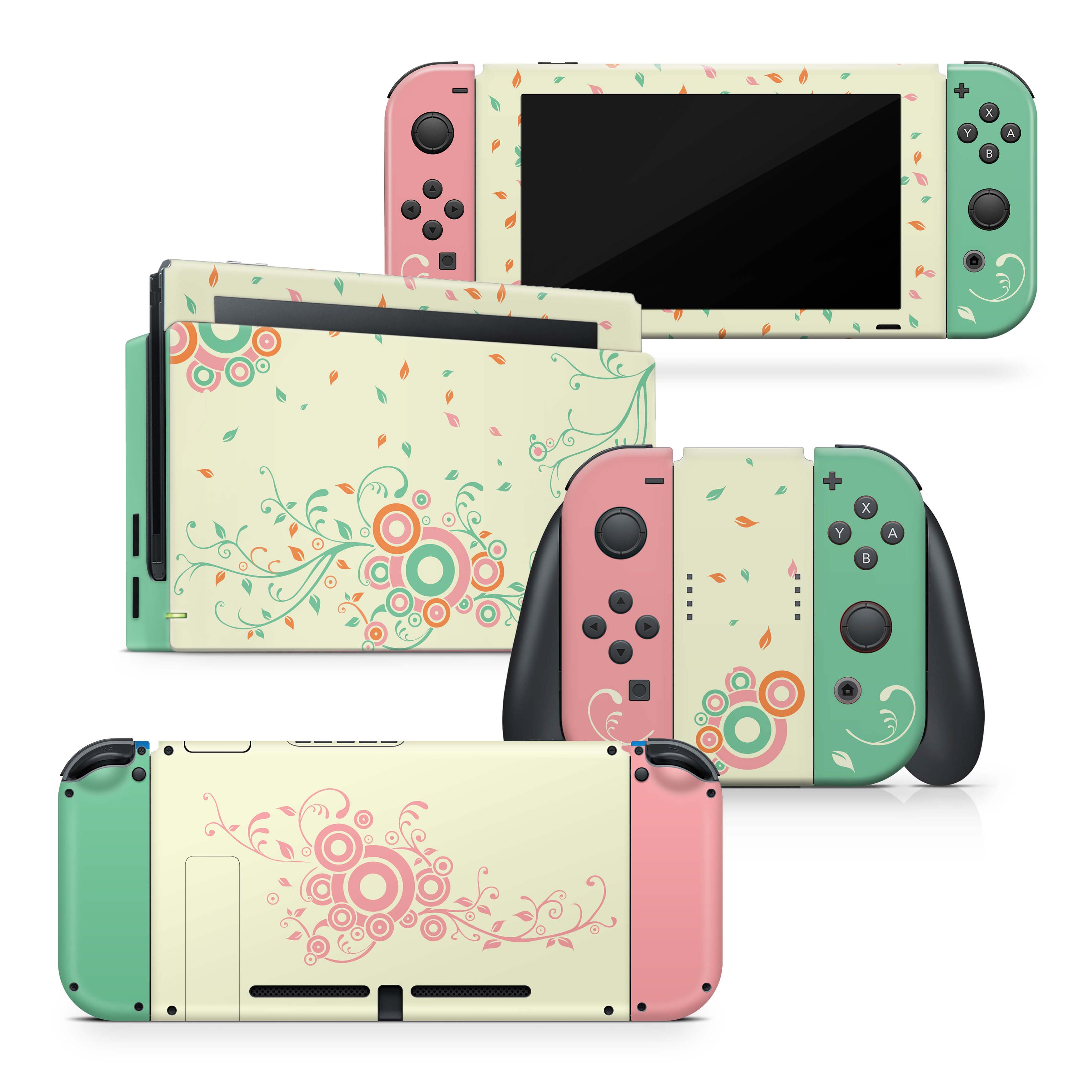 TACKY DESIGN Floral Nintendo Switch Skin Wrap | Green and Pink 3M Vinyl Full Cover - Tackydesign