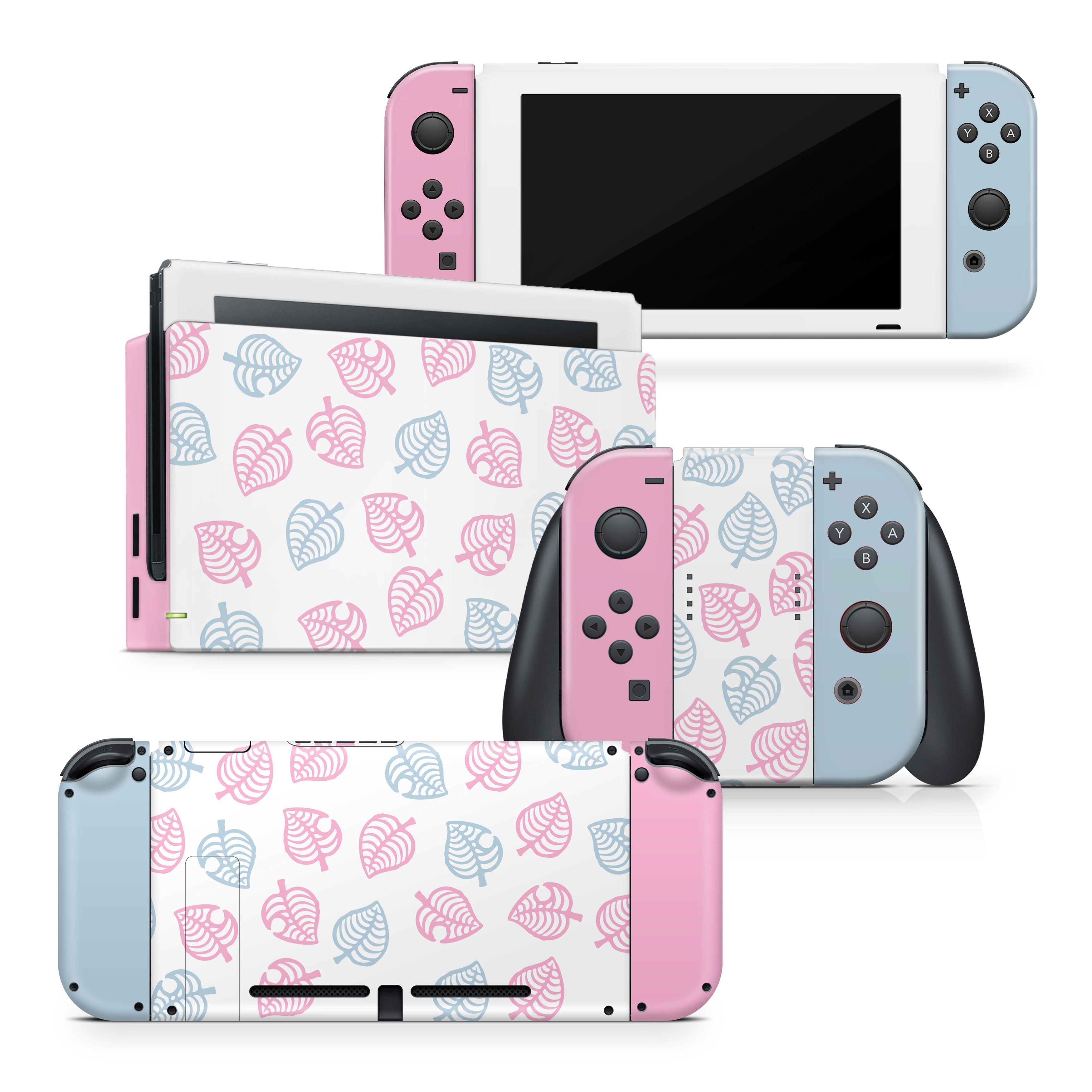 TACKY DESIGN Leaves Nintendo Switch Skin Wrap | Blue Leaf and Pink 3M Vinyl Full Cover - Tackydesign