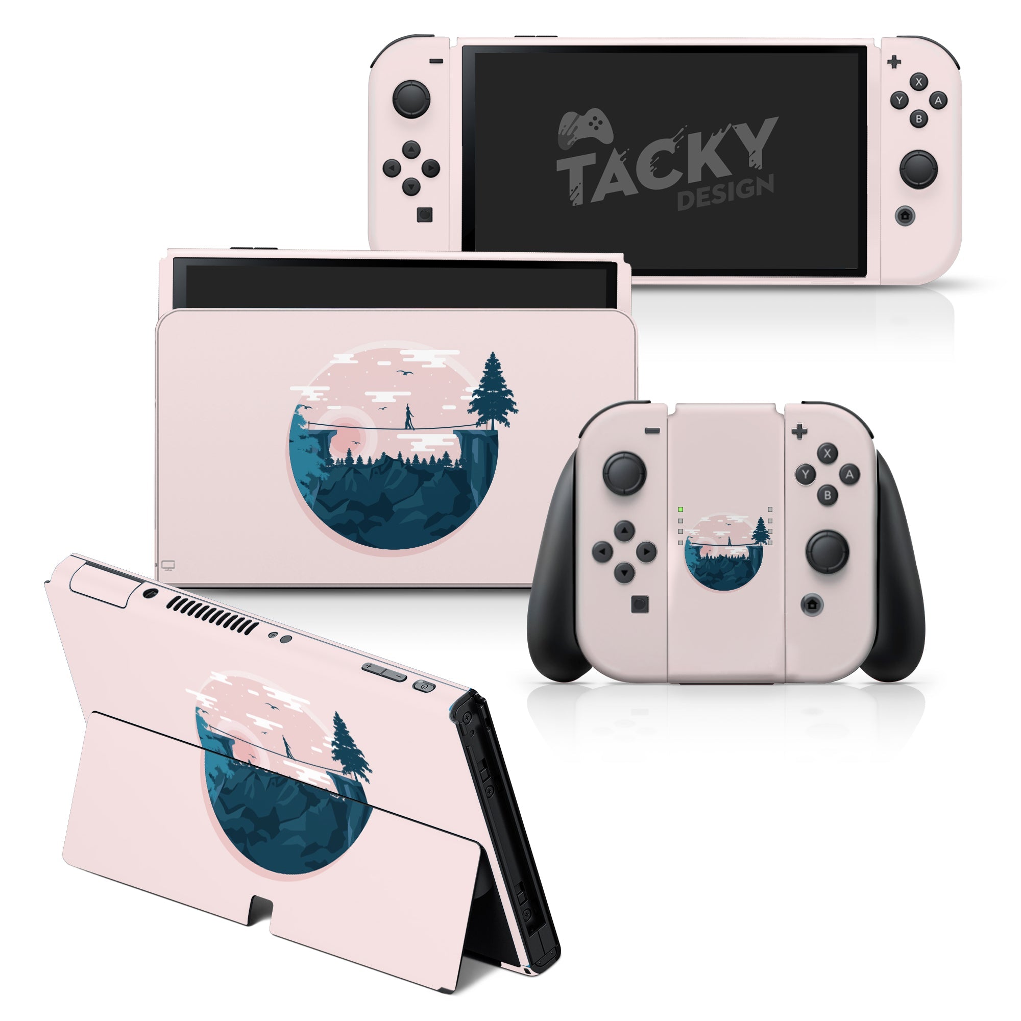 TACKY DESIGN Mountains Nintendo Switch OLED Skin Wrap | Pastel Pink Tightrope 3M Vinyl Full Cover - Tackydesign