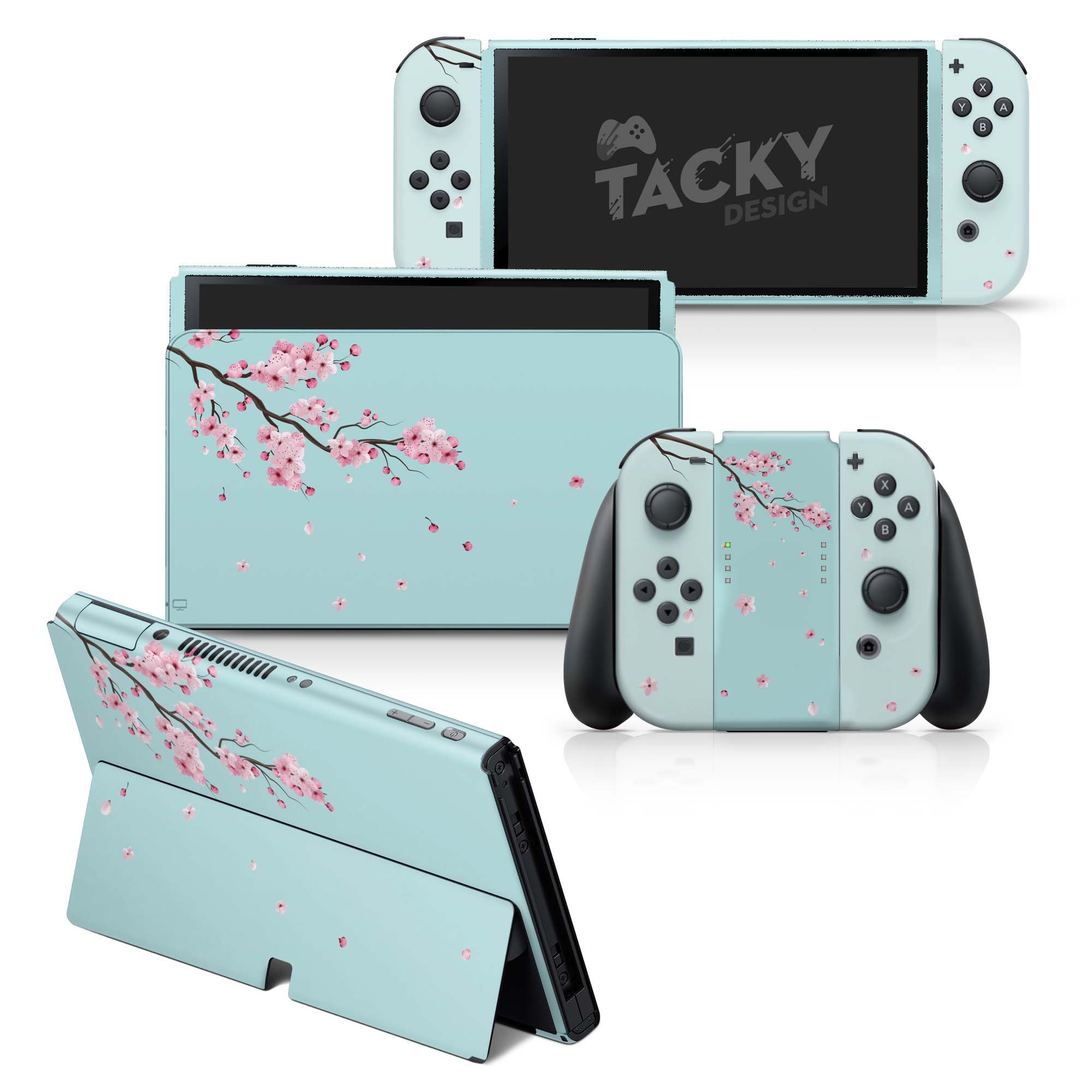 TACKY DESIGN Sakura Nintendo Switch OLED Skin Wrap | Blue Cherry Blossom 3M Vinyl Full Cover - Tackydesign
