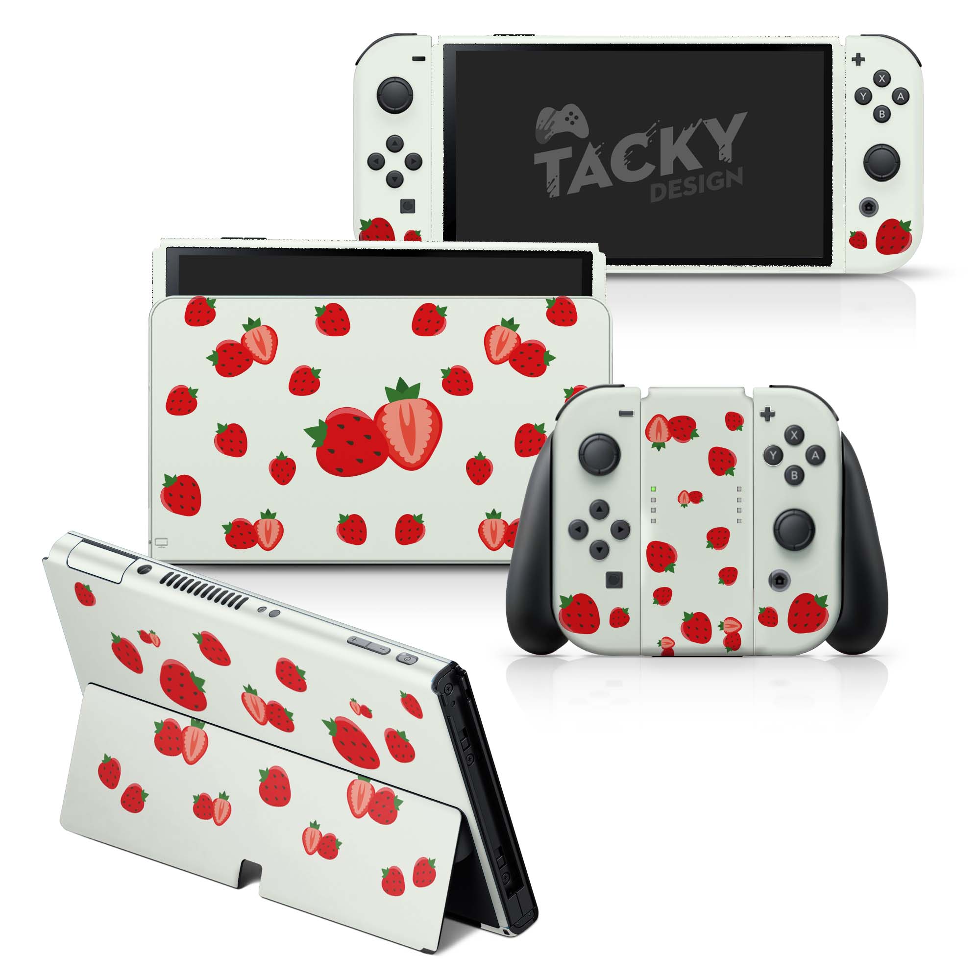 TACKY DESIGN Strawberry Nintendo Switch OLED Skin Wrap | Cute Green 3M Vinyl Full Cover - Tackydesign