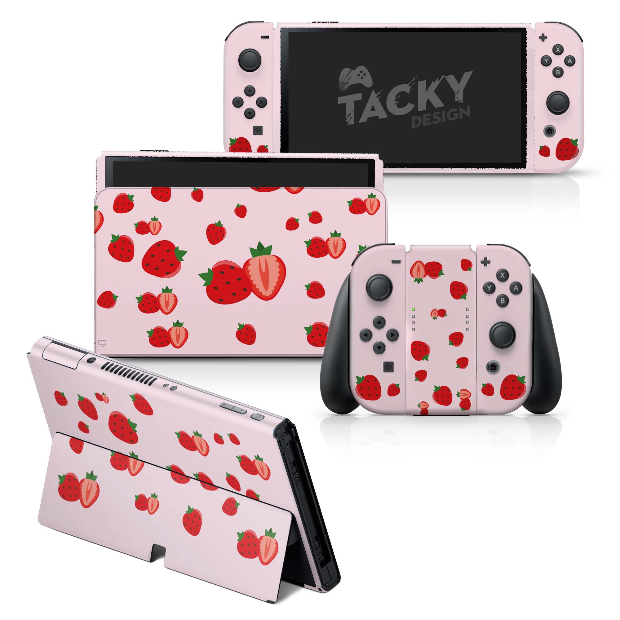 TACKY DESIGN Strawberry Nintendo Switch OLED Skin Wrap | Cute Pink 3M Vinyl Full Cover - Tackydesign