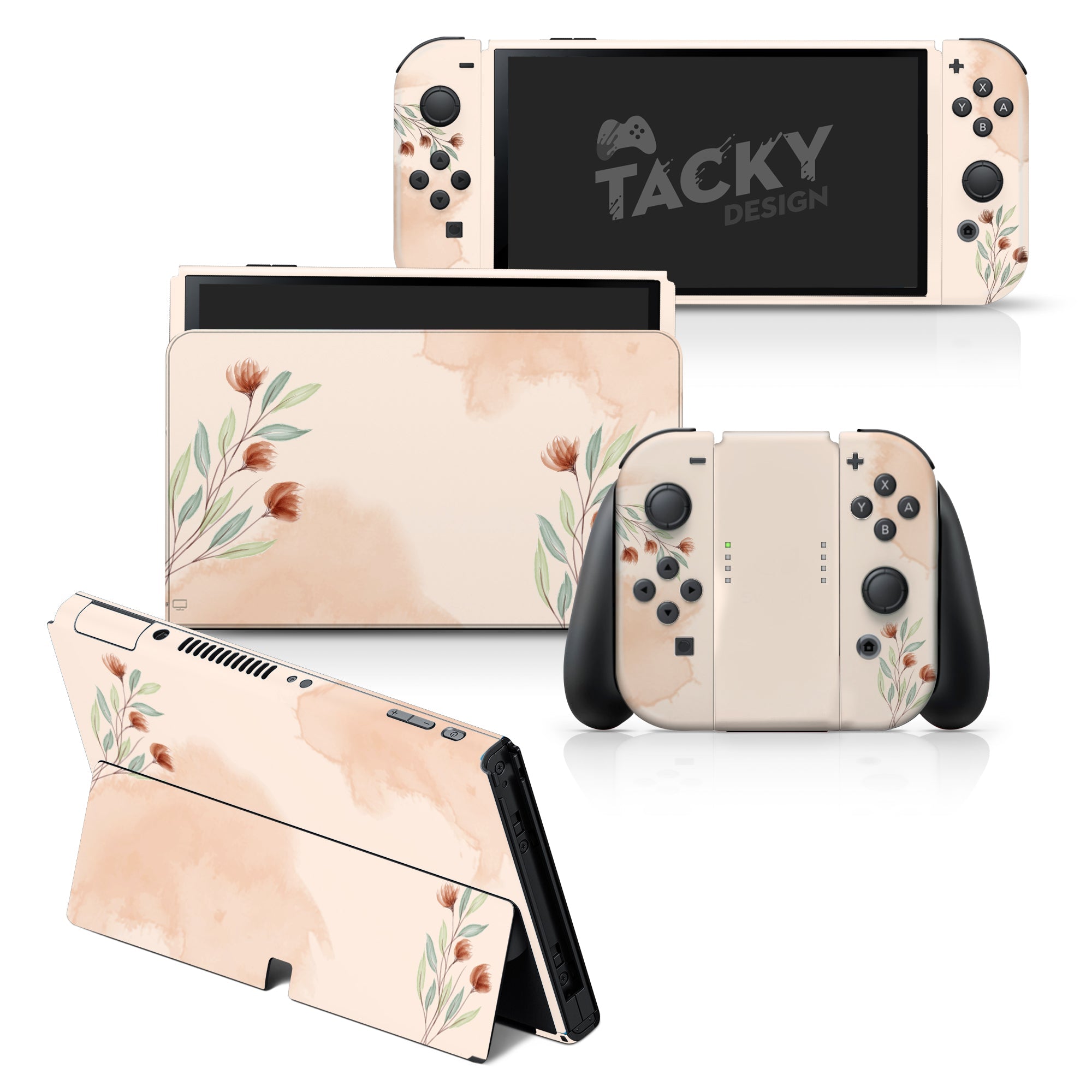 TACKY DESIGN Watercolor Nintendo Switch OLED Skin Wrap | Flower Beige 3M Vinyl Full Cover - Tackydesign