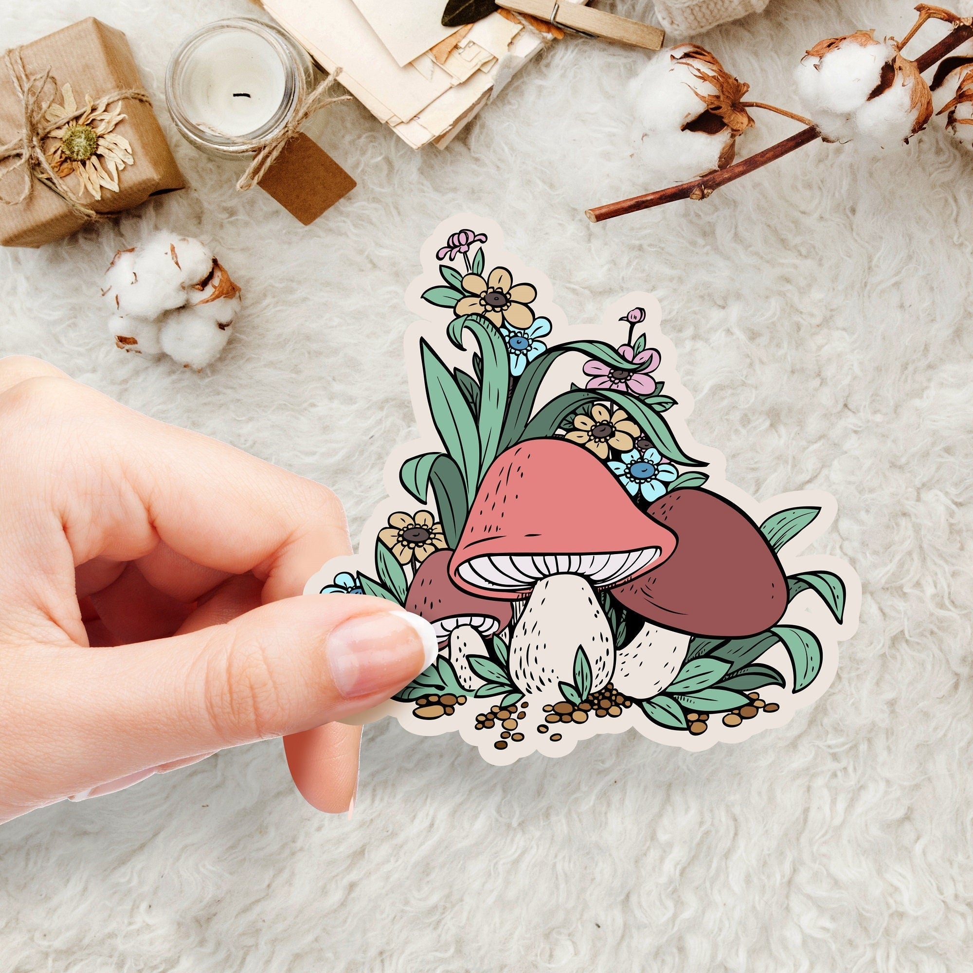 Cute mushroom sticker skin, kawaii mushroom vinyl sticker waterproof for laptop, car, bottle - Tackydesign