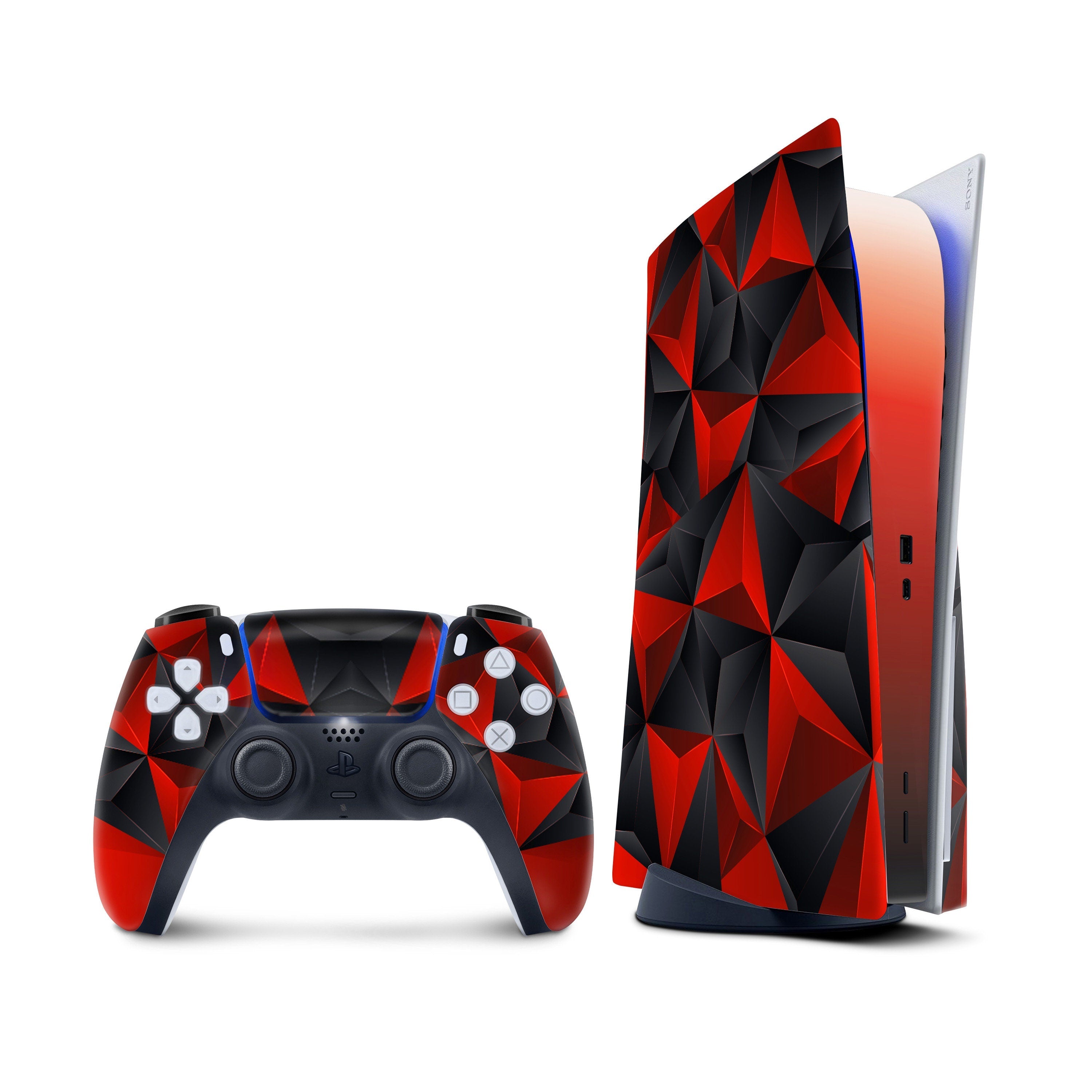 Geometric Ps5 skin, Playstation 5 controller skin Red, Vinyl 3m stickers Full wrap cover - Tackydesign