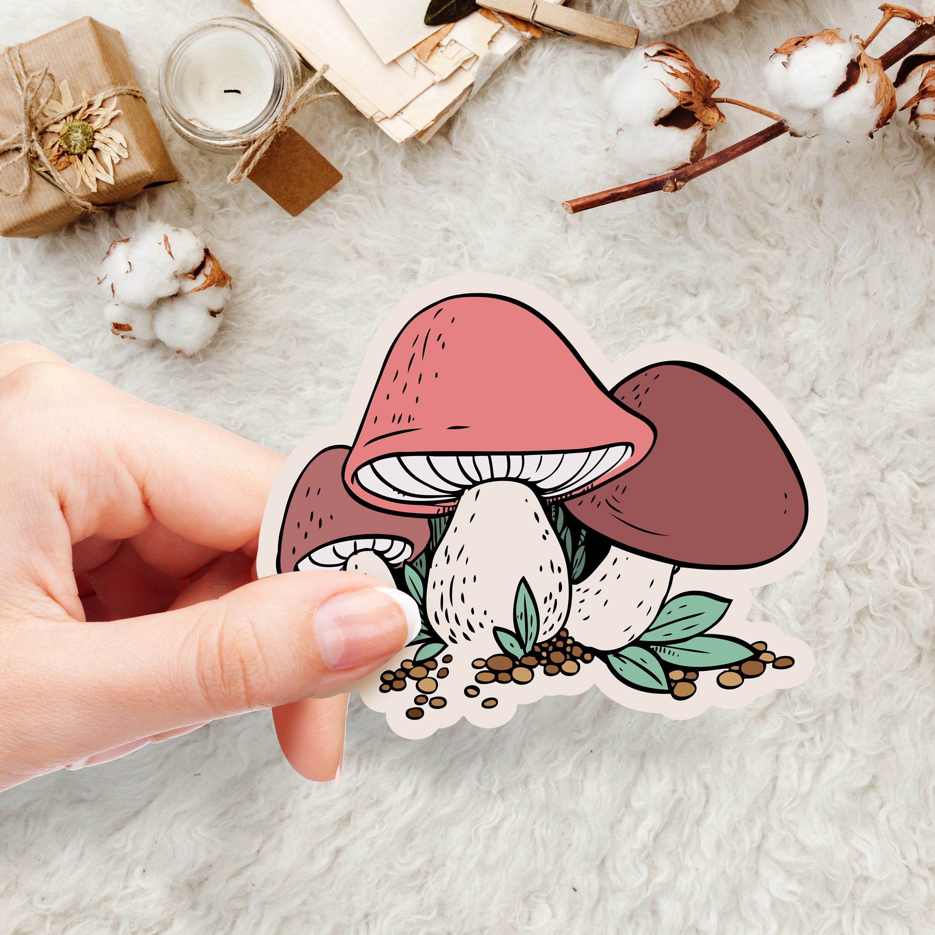 Kawaii mushroom sticker skin, Three mushrooms vinyl Cute sticker waterproof for laptop, car, bottle - Tackydesign
