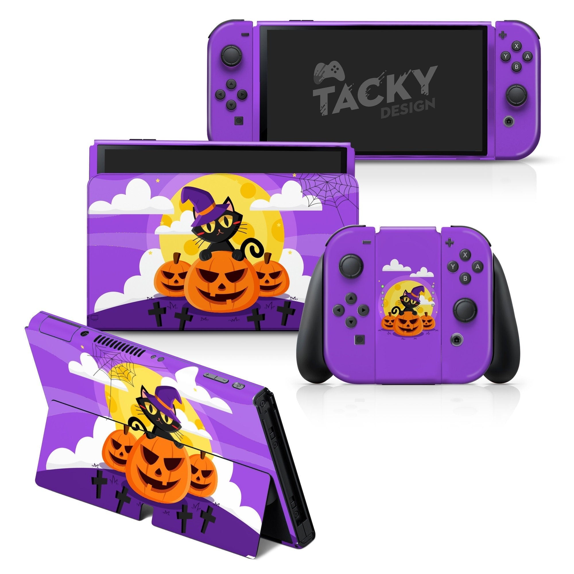 TACKY DESIGN Spooky Pumpkin Nintendo Switch OLED Skin Wrap | Purple Kawaii Halloween 3M Vinyl Full Cover - Tackydesign