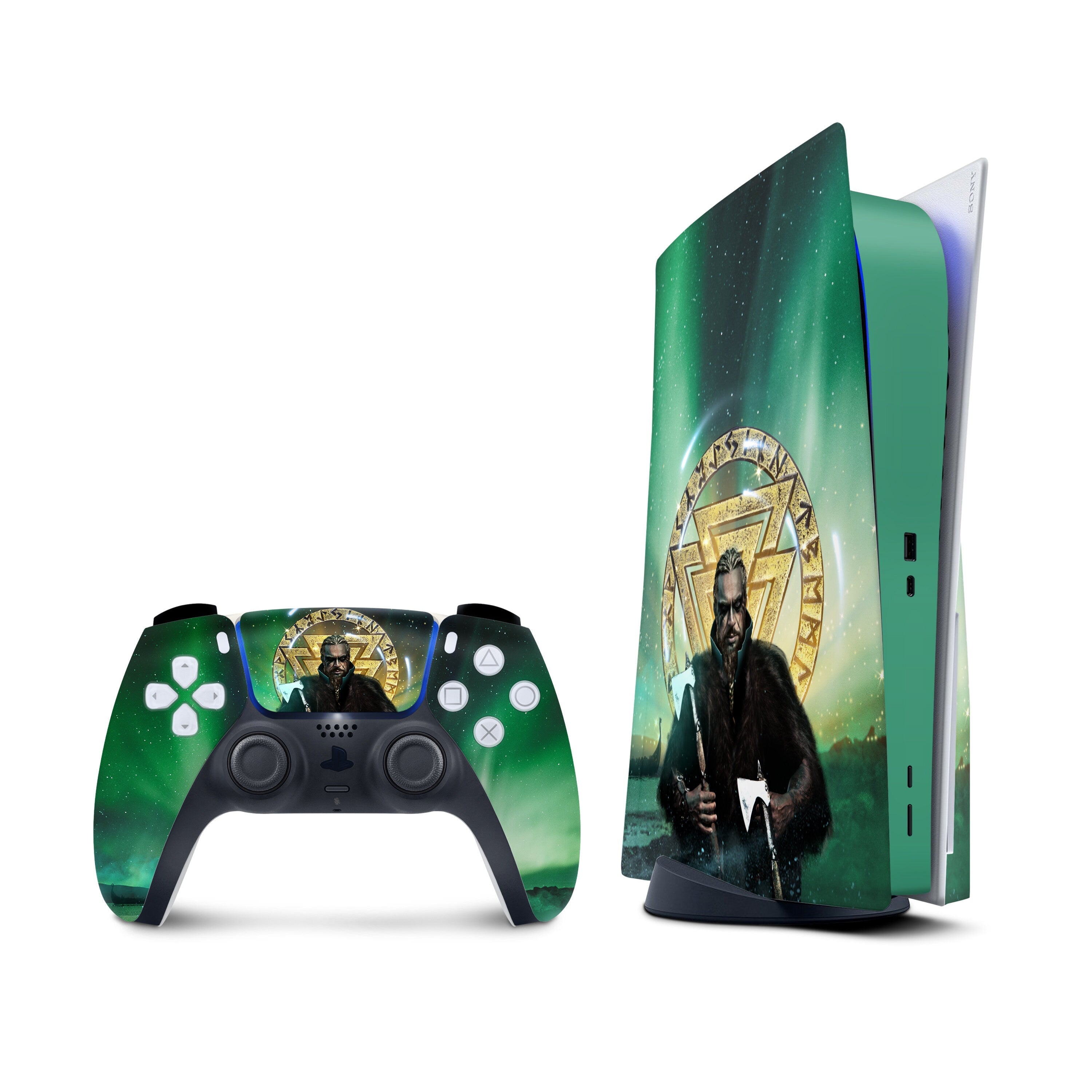 Vikings Ps5 skin, Green Playstation 5 controller skin Assassin, Vinyl 3m stickers Full wrap cover - Tackydesign