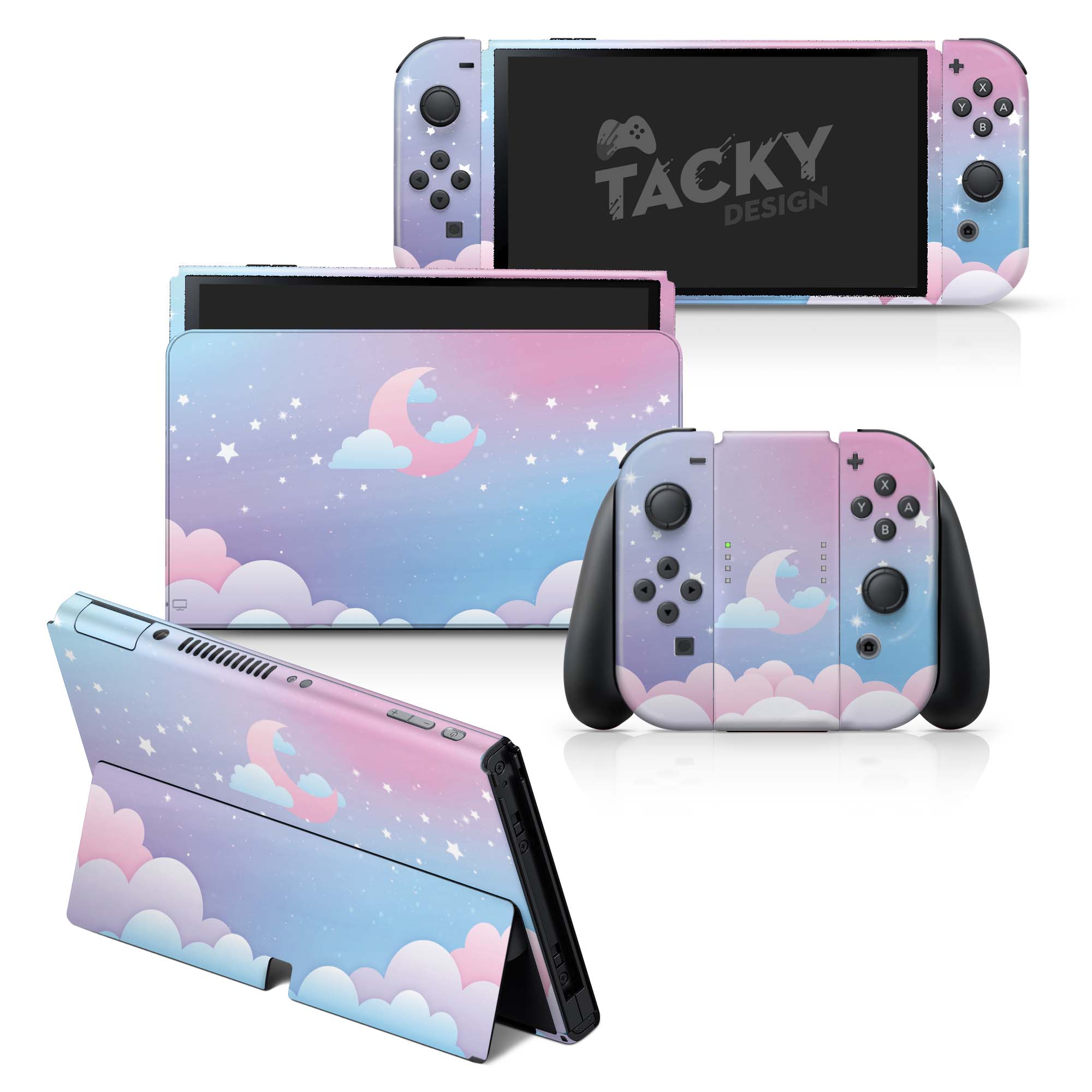 TACKY DESIGN Clouds Nintendo Switch OLED Skin Wrap | Moon Blue Pastel 3M Vinyl Full Cover - Tackydesign