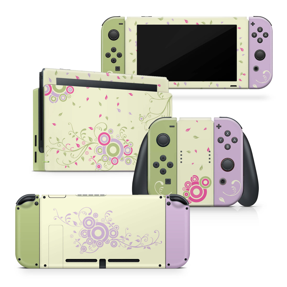 TACKY DESIGN Floral Green and Purple Nintendo Switch Skin Wrap | 3M Vinyl Full Cover - Tackydesign