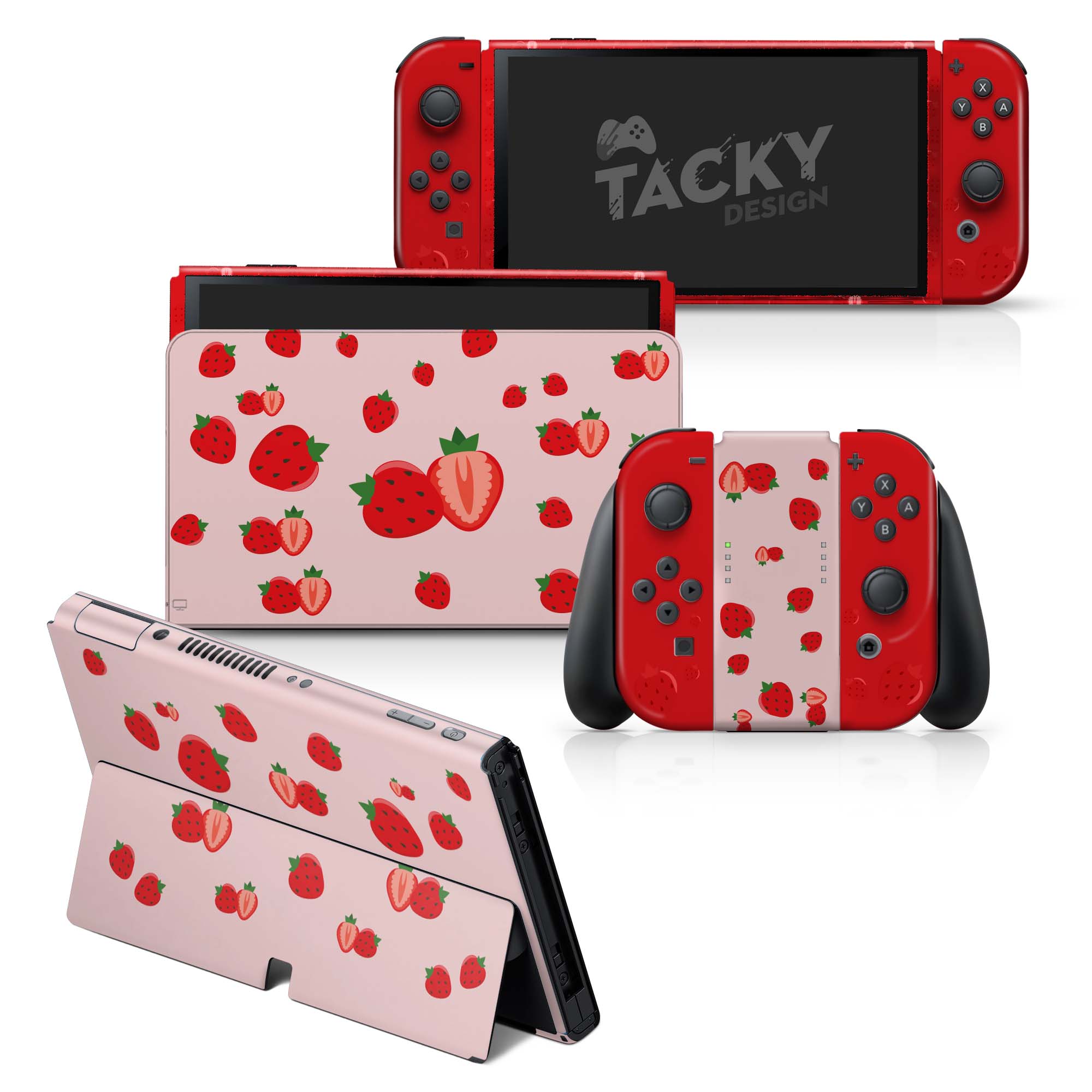 TACKY DESIGN Red Strawberry Nintendo Switch OLED Skin Wrap | Cute Pink 3M Vinyl Full Cover - Tackydesign