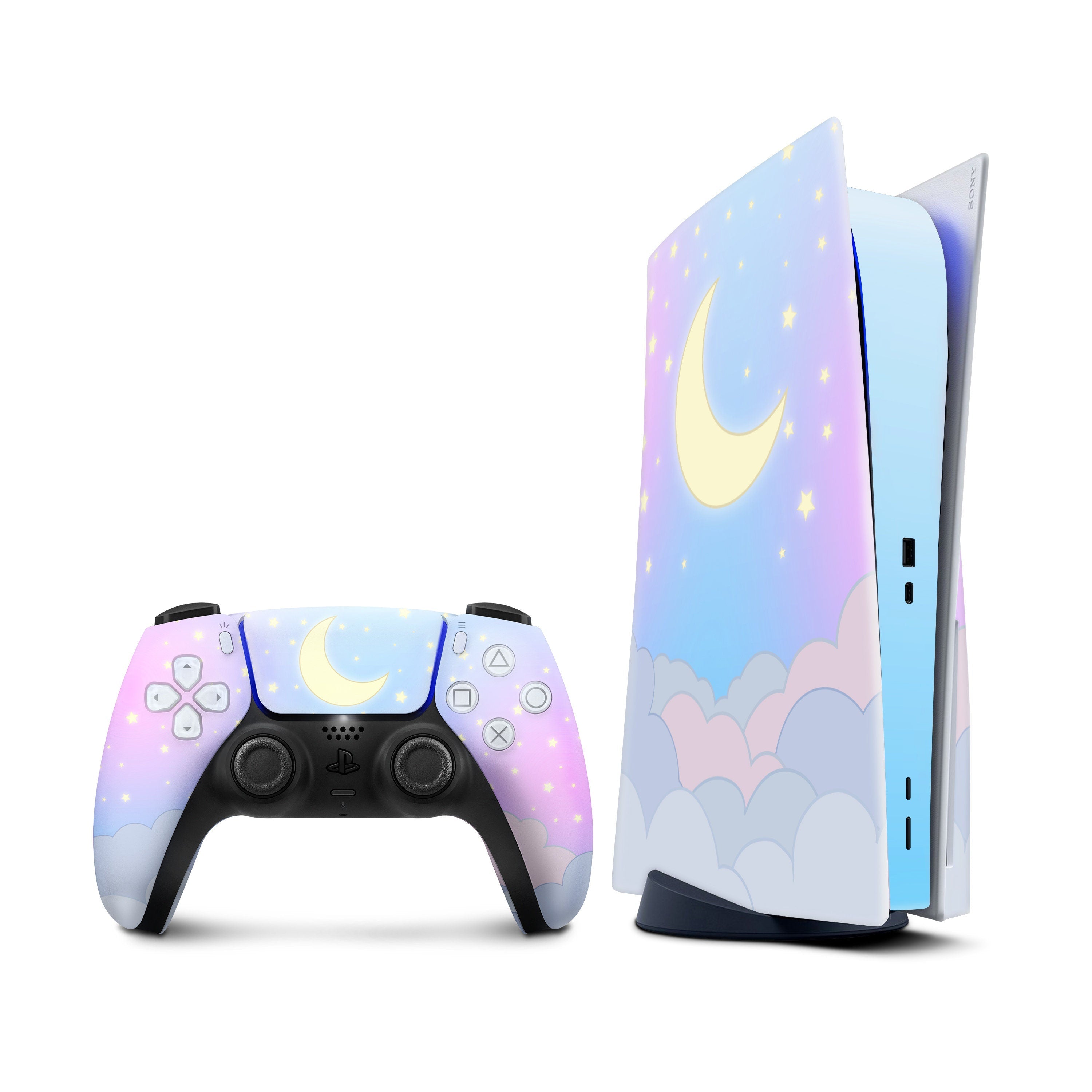 Blue Ps5 skin Clouds, Pink Playstation 5 controller skin Moon, Vinyl 3m stickers Full wrap cover - Tackydesign