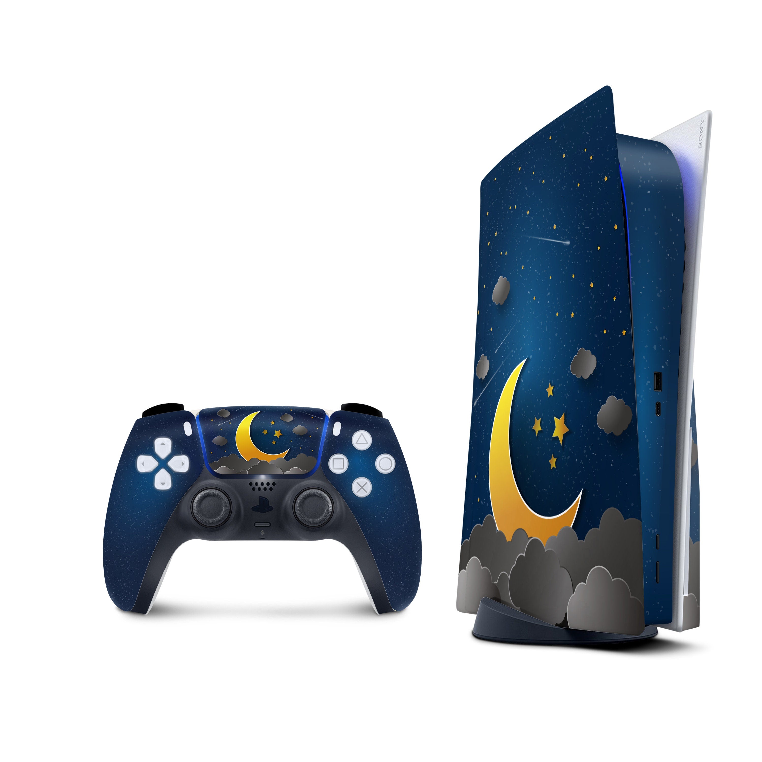 Blue Ps5 skin moon, Playstation 5 controller skin clouds, Vinyl 3m stickers Full wrap cover