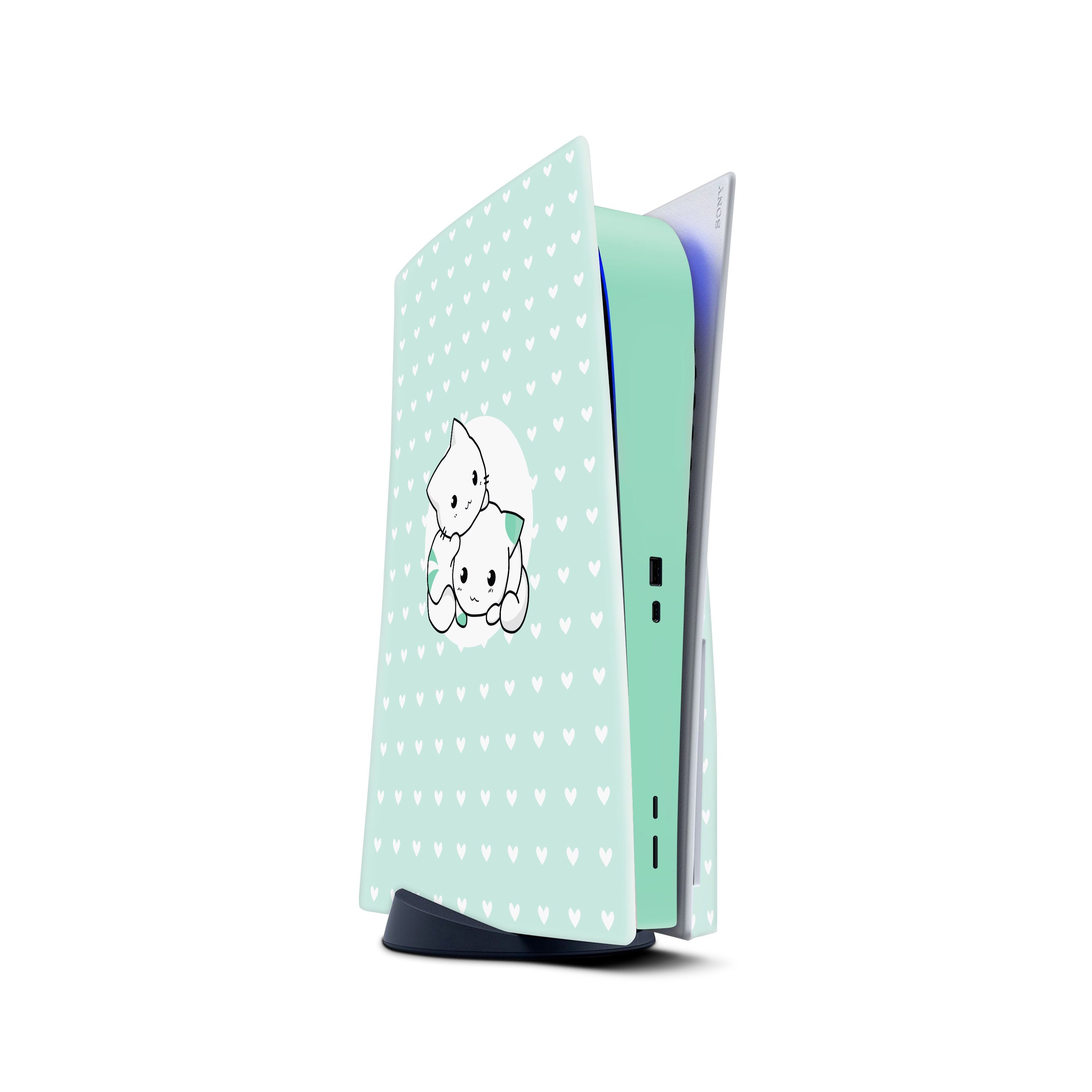 Pastel blue Ps5 skin Cats, Playstation 5 controller skin Kawaii, Green Vinyl 3m stickers Full wrap cover - Tackydesign