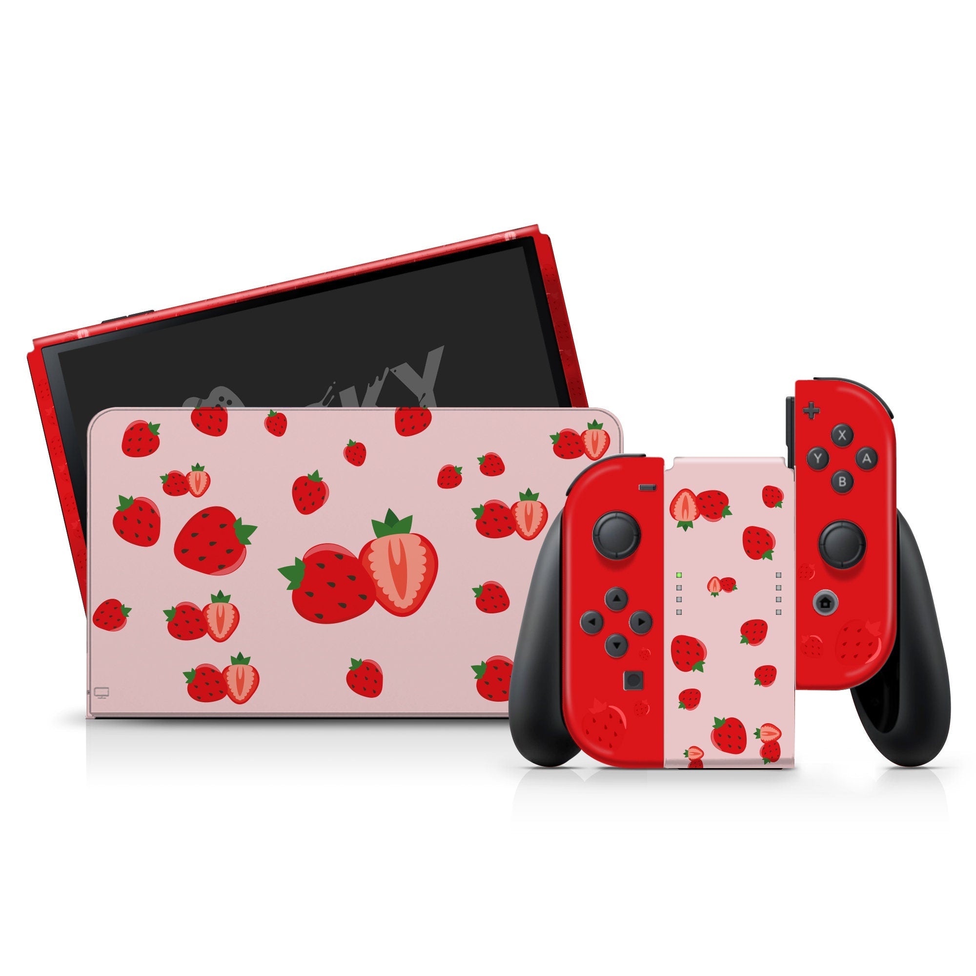 TACKY DESIGN Red Strawberry Nintendo Switch OLED Skin Wrap | Cute Pink 3M Vinyl Full Cover - Tackydesign