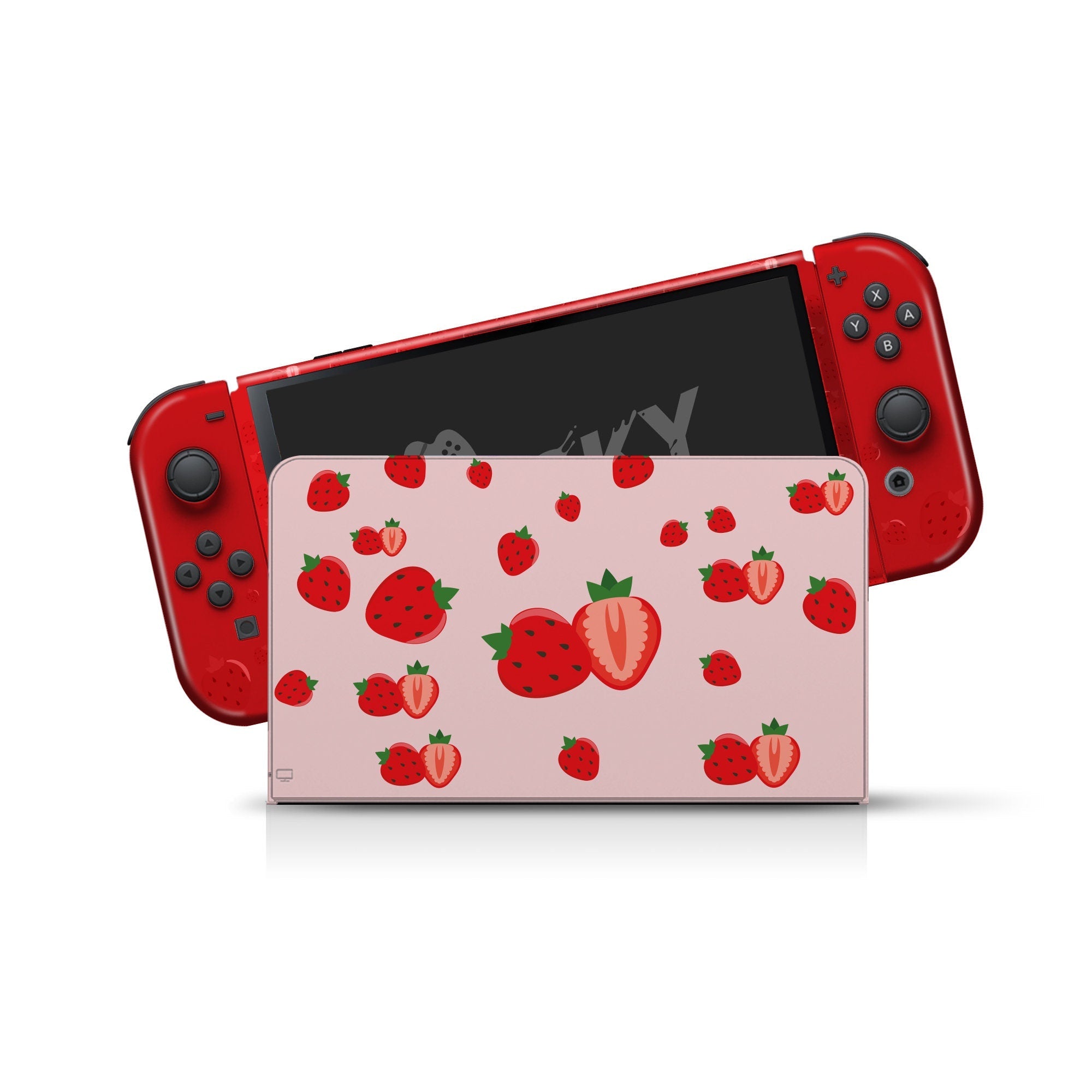 TACKY DESIGN Red Strawberry Nintendo Switch OLED Skin Wrap | Cute Pink 3M Vinyl Full Cover - Tackydesign